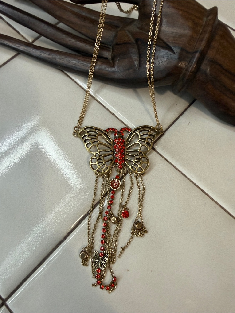 Vintage-Inspired Pilgrim brand Gold Butterfly Pendant Necklace with Red Accents